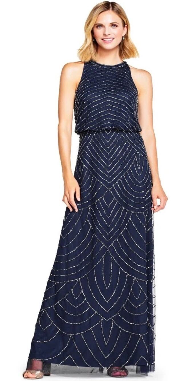 Adrianna Papell Navy Blue Sleeveless Blouson Beaded Cocktail Formal Gown Size 6